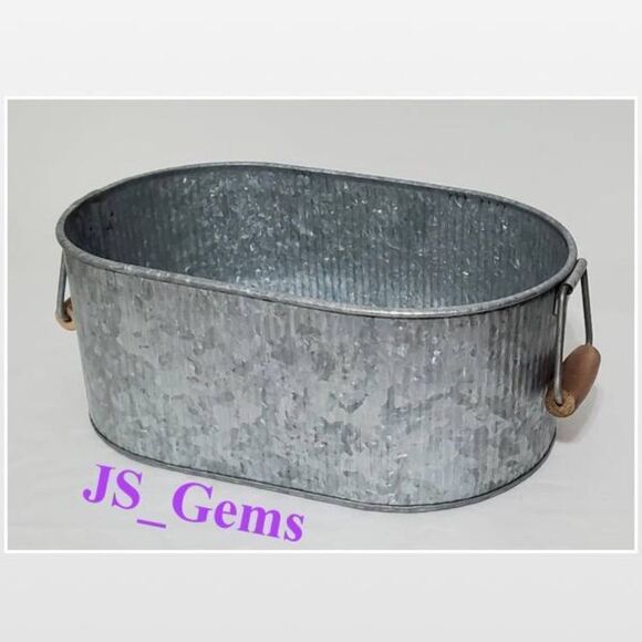 New Bucket Oval Silver Metal Tin Country Pale Farmhouse Storage Caddy Handles - Picture 1 of 12